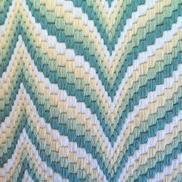 Bargello Needlepoint Vintage Pillow  Patterned Green and Cream Throw Pillow - Picture 4 of 6